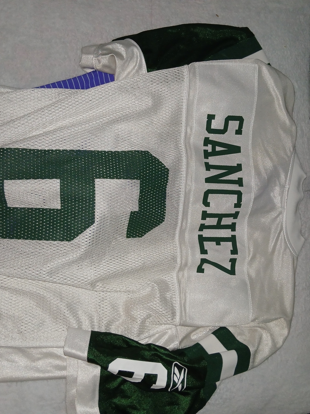 Reebok White and Green Sanchez Football Jersey
